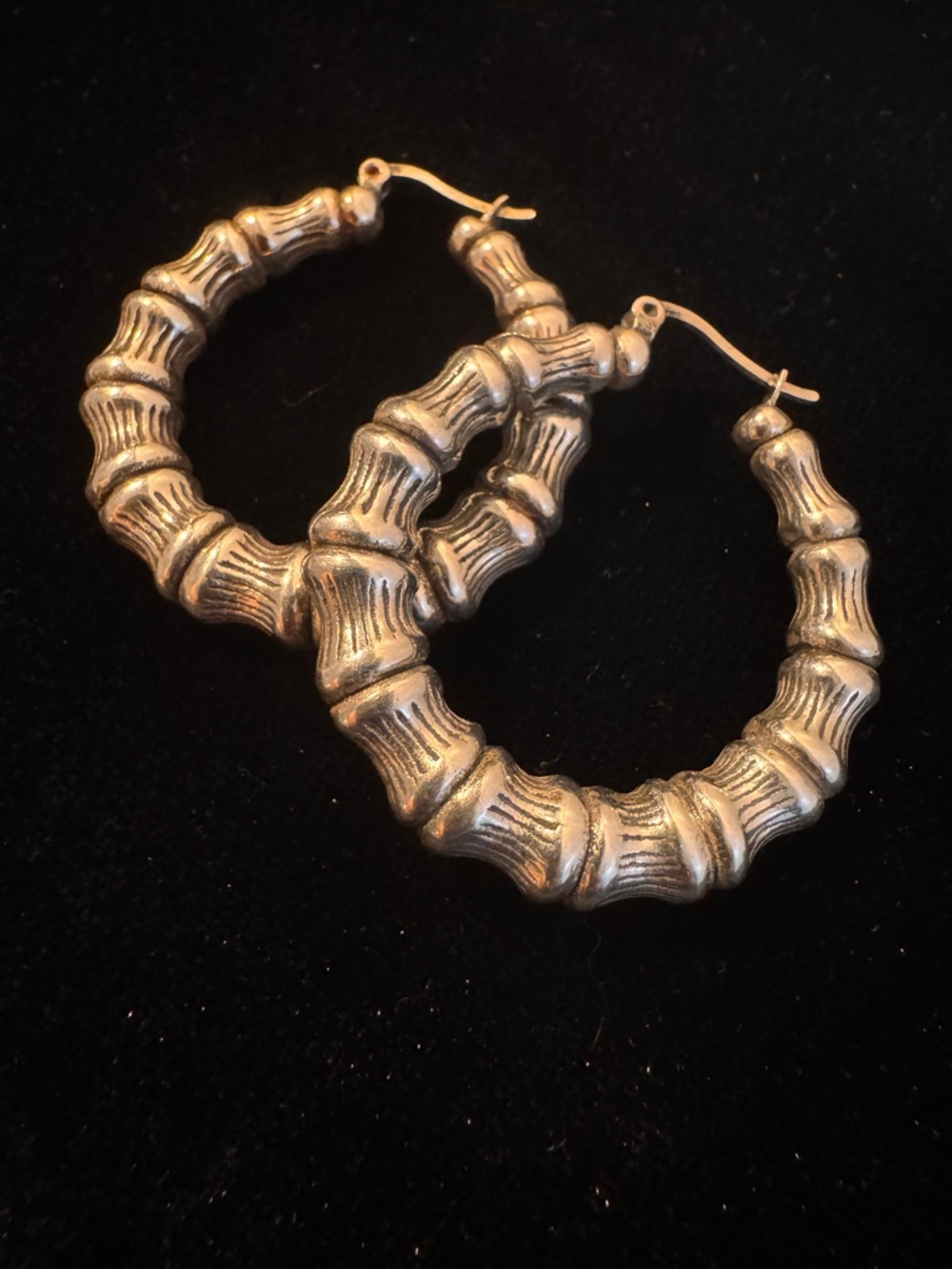 Sterling Silver Textured Bamboo-Style Hoop Earrings 1.25 inches. Hollow light